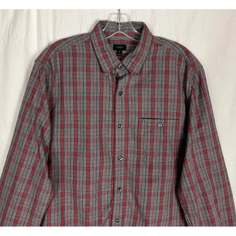 J.Crew Mens Shirt Size M Grey Red Plaid Long Sleeve‎ Button 100% Cotton